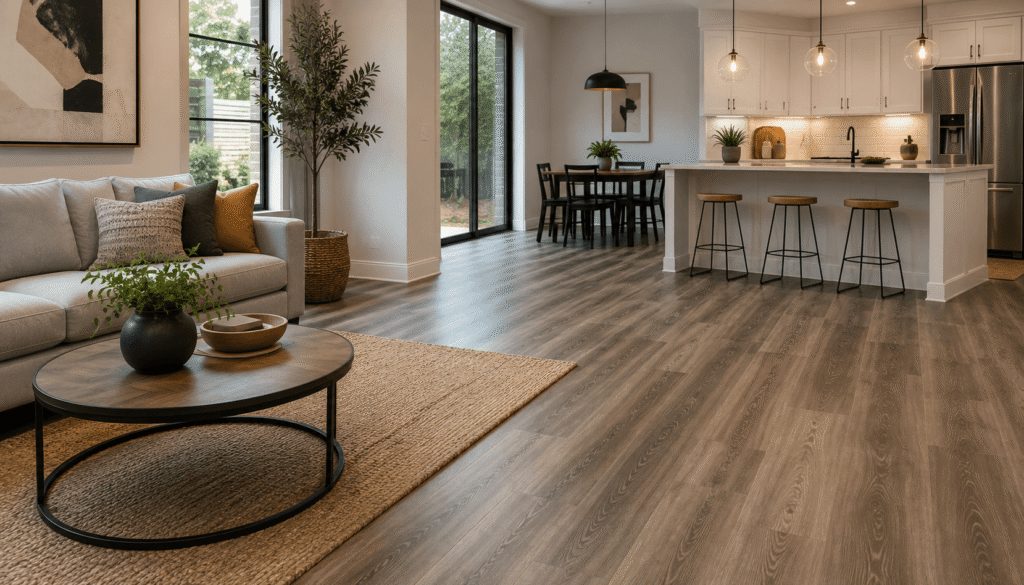 Wood-look luxury vinyl plank flooring in an open-plan home
